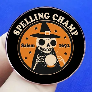 Cartoon skeleton wizard pin badge with Spelling Champ text for Halloween costumes