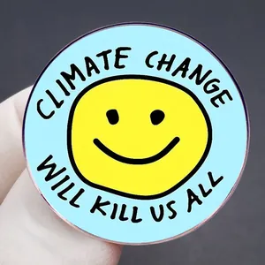 Climate Change Will Kill Us All emaille speld met gele smiley op blauwe badge