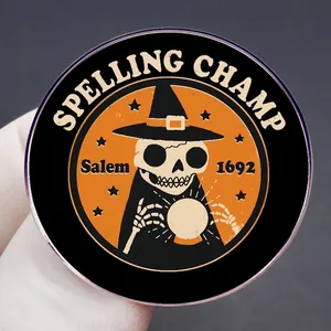Retro Halloween skull wizard pin with Spelling Champ Salem 1692 text and orange circle