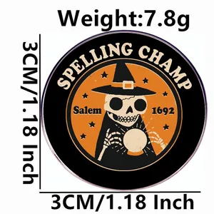 Skeleton spelling champ badge with wizard hat and crystal ball in Halloween style