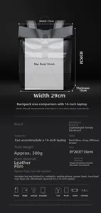 Detailed interior storage capacity of a 380g lightweight 14-inch laptop business backpack
