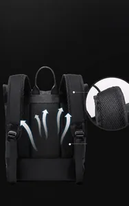 Detail of ergonomic honeycomb breathable back panel and mesh straps on business backpack