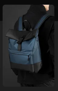 Detail of waterproof business backpack with flap buckle closure and front zipper pocket