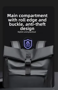 Detail of waterproof business backpack with roll-top closure and anti-theft buckle design