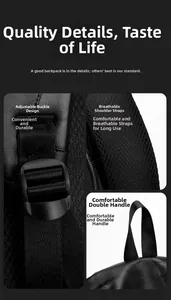 Detail of breathable mesh shoulder straps and durable plastic buckles on a black PU backpack
