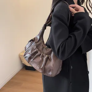Vintage dark brown wrinkled leather hobo underarm bag with MKMX label for women