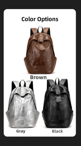 Three minimalist PU leather backpacks in brown, gray and black with geometric patchwork design