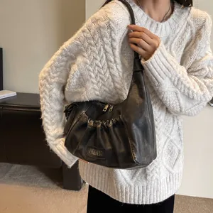 Retro black pleated underarm bag for women with vintage leather texture and MKMK logo