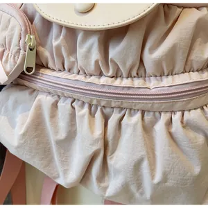 Detail of pleated nylon fabric texture with smooth zipper and premium leather flap
