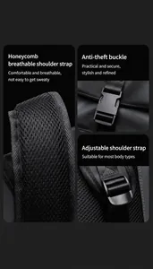 Detail of waterproof business backpack with mesh padding and secure buckle closure