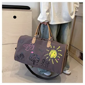 Sac de voyage en toile graffiti à grande capacité avec détails en cuir marron