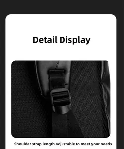 Detail of adjustable shoulder strap buckle and breathable mesh back on PU leather backpack
