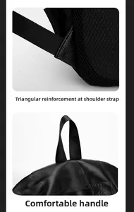 Detail view of reinforced shoulder straps and comfortable top handle on black PU backpack