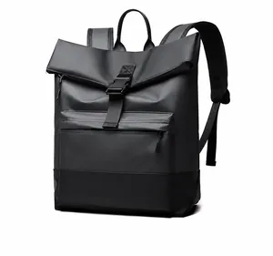 Waterproof minimalist black roll-top business backpack with adjustable buckle closure