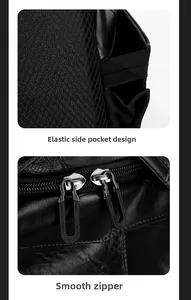 Detail view of smooth zippers and elastic side pocket on black leather travel backpack