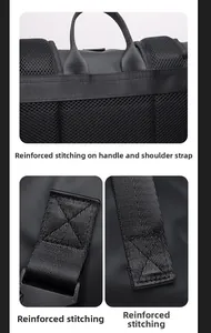 Macro shot of reinforced X-stitching and honeycomb mesh back panel of the black backpack