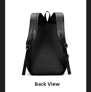 Detail of the breathable mesh back panel and padded leather straps of the black backpack