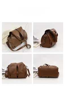 Vue détaillée sous quatre angles du sac fourre-tout vintage marron en cuir PU plissé