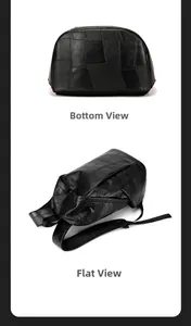 Detailed bottom and flat view of black PU leather backpack with geometric stitching
