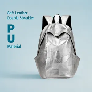 Silver PU leather backpack with geometric patchwork design and large capacity