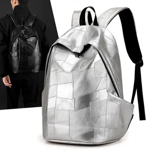 Minimalist faux leather backpack with metallic geometric patchwork design and large capacity