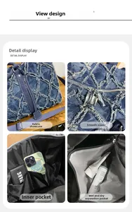Borsa da viaggio in denim blu con tessuto trapuntato, zip fluida e vano umido-secco