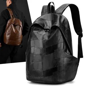 Minimalist PU leather patchwork backpack with large capacity for travel and students
