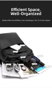 Detailed interior of the black laptop backpack showing multiple functional compartments