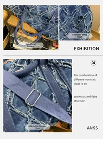 Dettaglio della borsa trapuntata in denim blu con bordi sfrangiati e ganci per tracolla