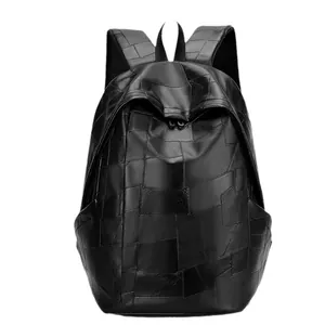 Minimalist black patchwork PU leather backpack with large capacity and sleek design