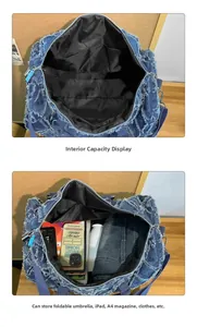 Dettaglio dell'interno della borsa da viaggio in denim con spazio per tablet e accessori