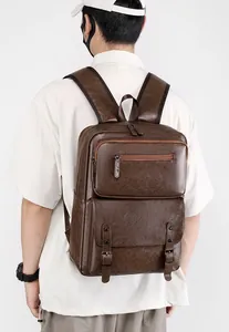 Detailed back view of a dark brown vintage PU leather backpack for men with multi-pockets