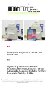 Detailed size comparison and material specifications for a cream lightweight nylon backpack
