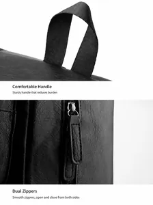 Detail of durable fabric handle and smooth two-way metal zippers on black leather backpack