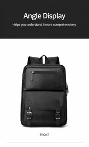 Detailed front view showing black faux leather texture and dual buckle straps