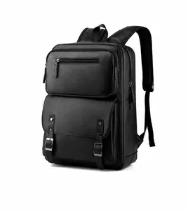 Side view of black faux leather backpack showing pebbled texture and buckle details