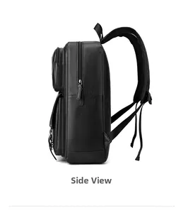 Side view of black faux leather backpack showing pebble texture and double zippers