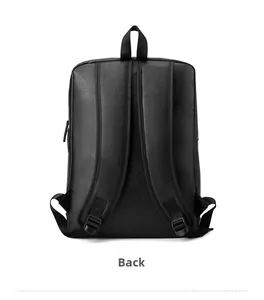 Rear view of black leather business backpack showing ergonomic straps and matte texture