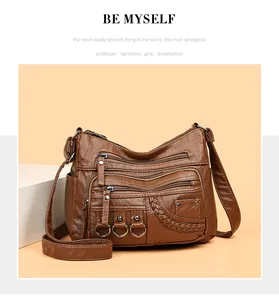 Dettagli della borsa retrò marrone scuro in pelle lavata con tre tasche con cerniera e treccia