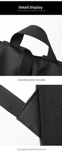 Detail van de comfortabele handgreep en versterkte driehoeksnaad op de zwarte rugzak