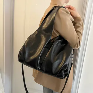 Sac Fourre-Tout Pour Femmes Grande Capacité en Cuir PU Vintage Plissé Sac à Bandoulière Pour Travail Bureau Mode