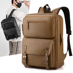 Waterproof faux leather men's backpack for business travel, featuring deep brown pebble grain