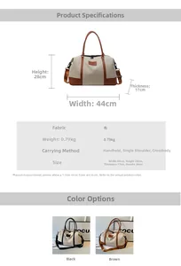 Detailed size specifications for canvas travel bag featuring 44x28x17cm dimensions