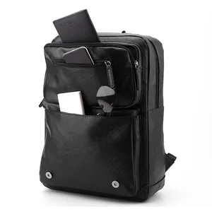 Men's minimalist black leather business backpack with multi-pocket storage and large capacity