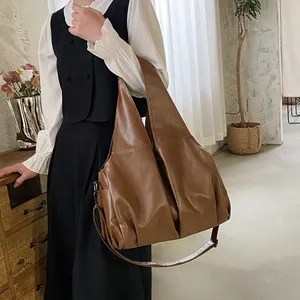 Grand sac cabas rétro marron caramel en cuir PU souple avec plis pour femmes