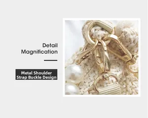 Detail magnification showing golden hardware strap buckle and white pearl decoration