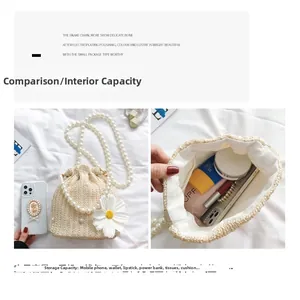 Detail of straw woven handbag showing white fabric lining and large internal capacity