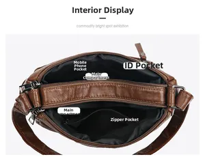 Vista interna con doppi scomparti e tasche con cerniera della borsa in pelle marrone