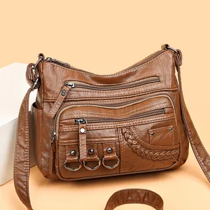 Borsa a Tracolla da Donna in Pelle PU Lavata Tasche Multi Zip Con Dettaglio Intrecciato Anelli in Metallo Grande Capacità Quotidiana