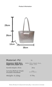 Silver PU leather tote bag details showing 38x26x12cm dimensions and 29cm handle height